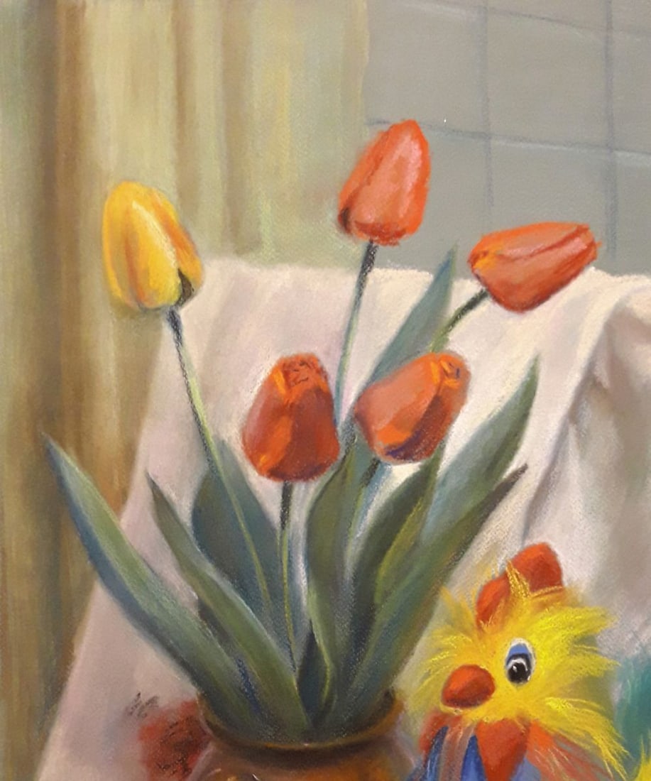 Pastel painting Still Life with Rooster and Tulips Serdyuk Boris Petrovich - 2