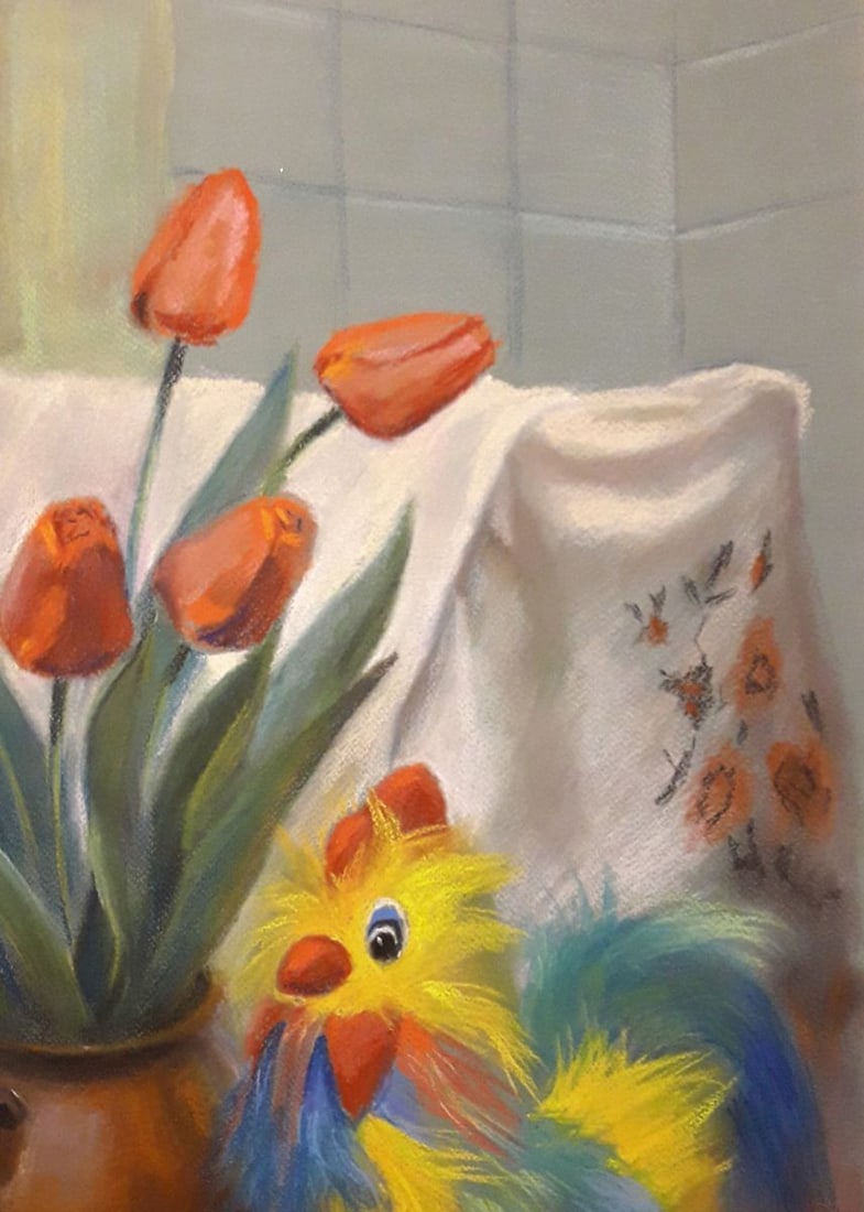 Pastel painting Still Life with Rooster and Tulips Serdyuk Boris Petrovich - 3