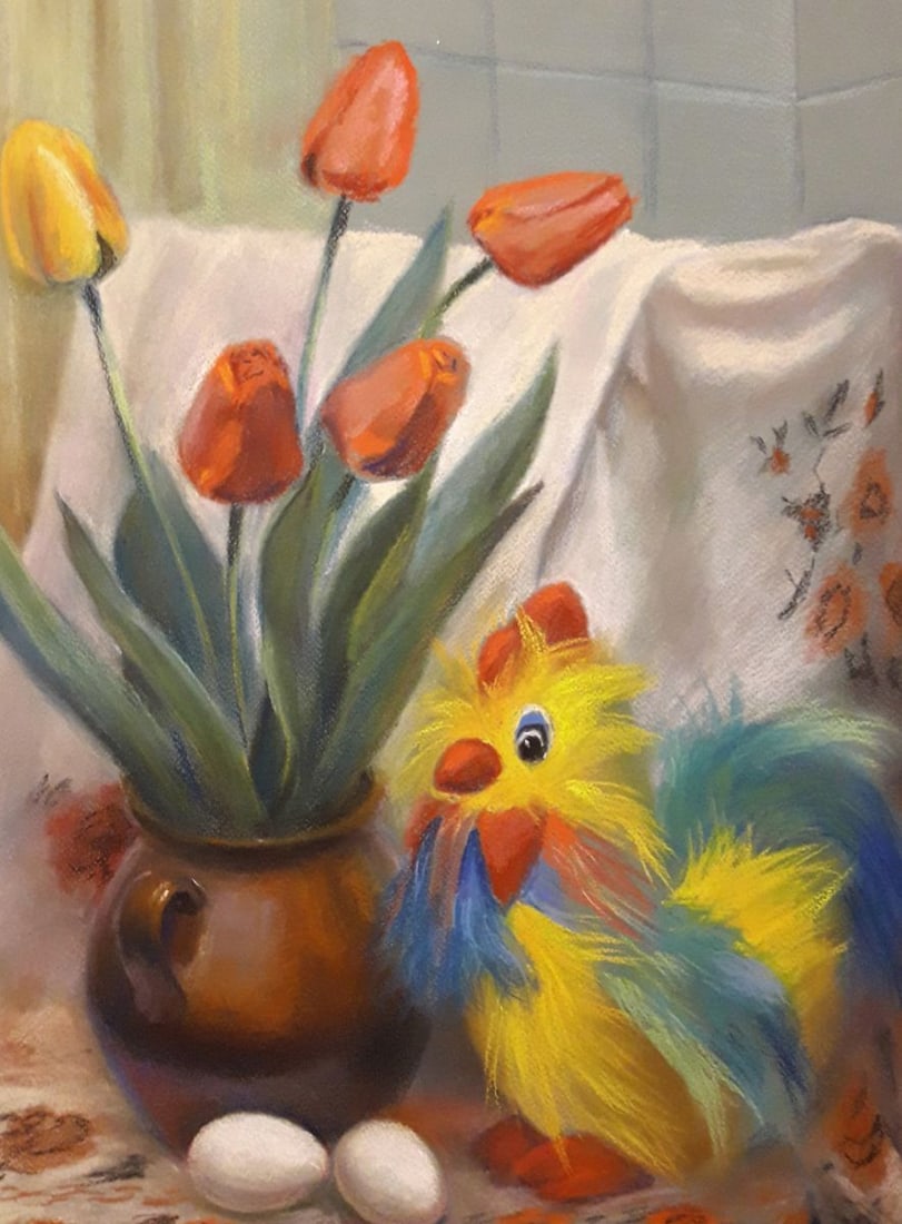 Pastel painting Still Life with Rooster and Tulips Serdyuk Boris Petrovich - 6