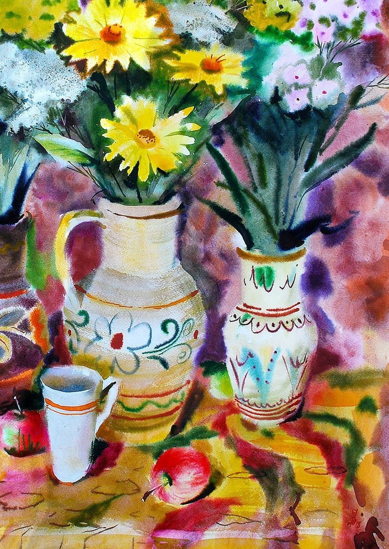 Watercolor painting Flowers on the table Egor Ktpatunov - 4