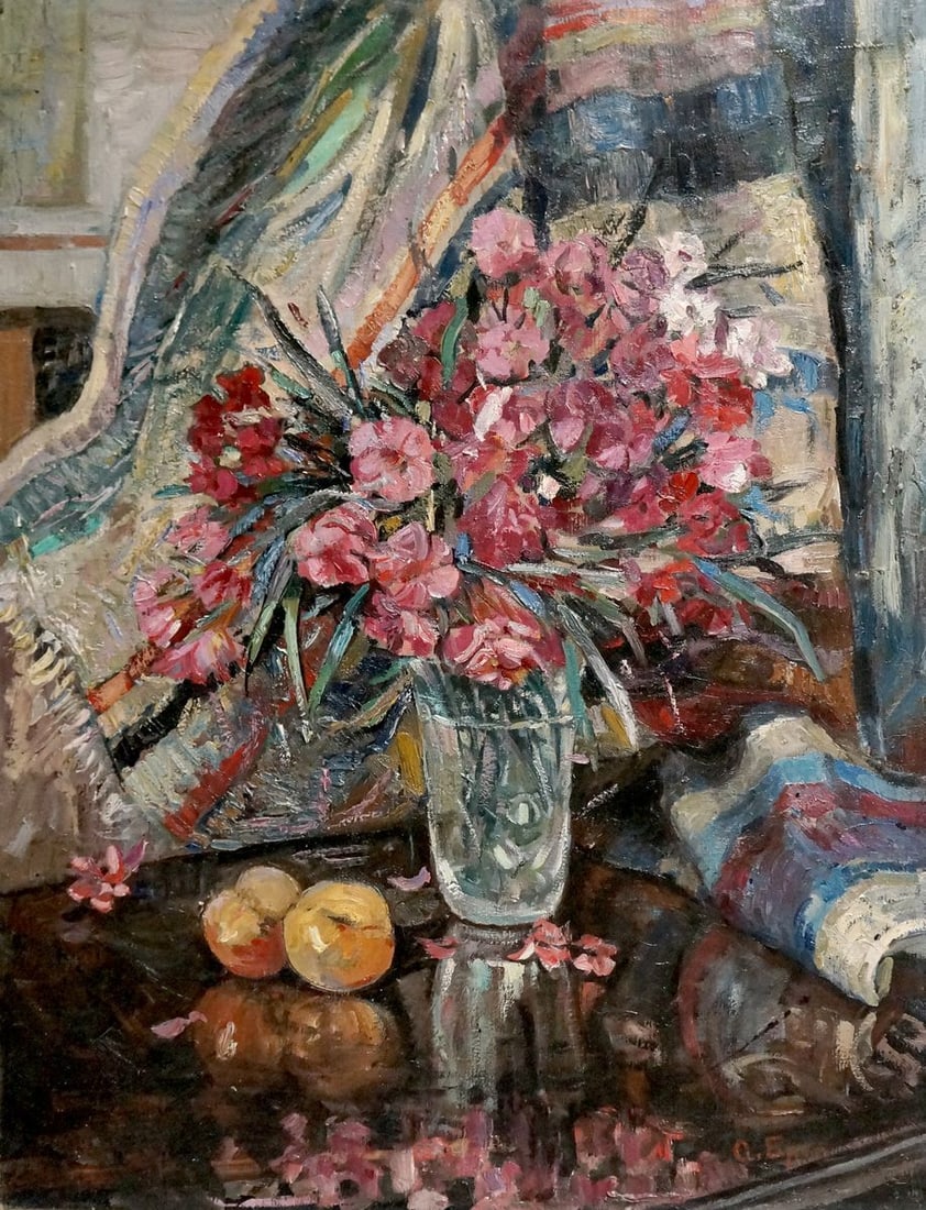 Oil painting Flowers O. Bran: Title: Oil painting Flowers O. Bran Description: Vern 941 *** ABOUT THIS PAINTING *** * TITLE: "Flowers" * ARTISTS: Brendel Olga Vladimirovna * SIZE: 88x68 cm/'34.64x26.77 inches' * MEDIUM: oil, canva