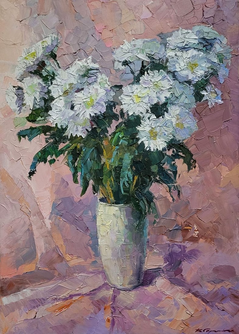 Oil painting Chrysanthemum on pink Boris Serdyuk: Title: Oil painting Chrysanthemum on pink Boris Serdyuk Description: SERB 1185The oil painting on Canvas titled "Chrysanthemum on Pink" offers a delicate and harmonious still life that combines floral