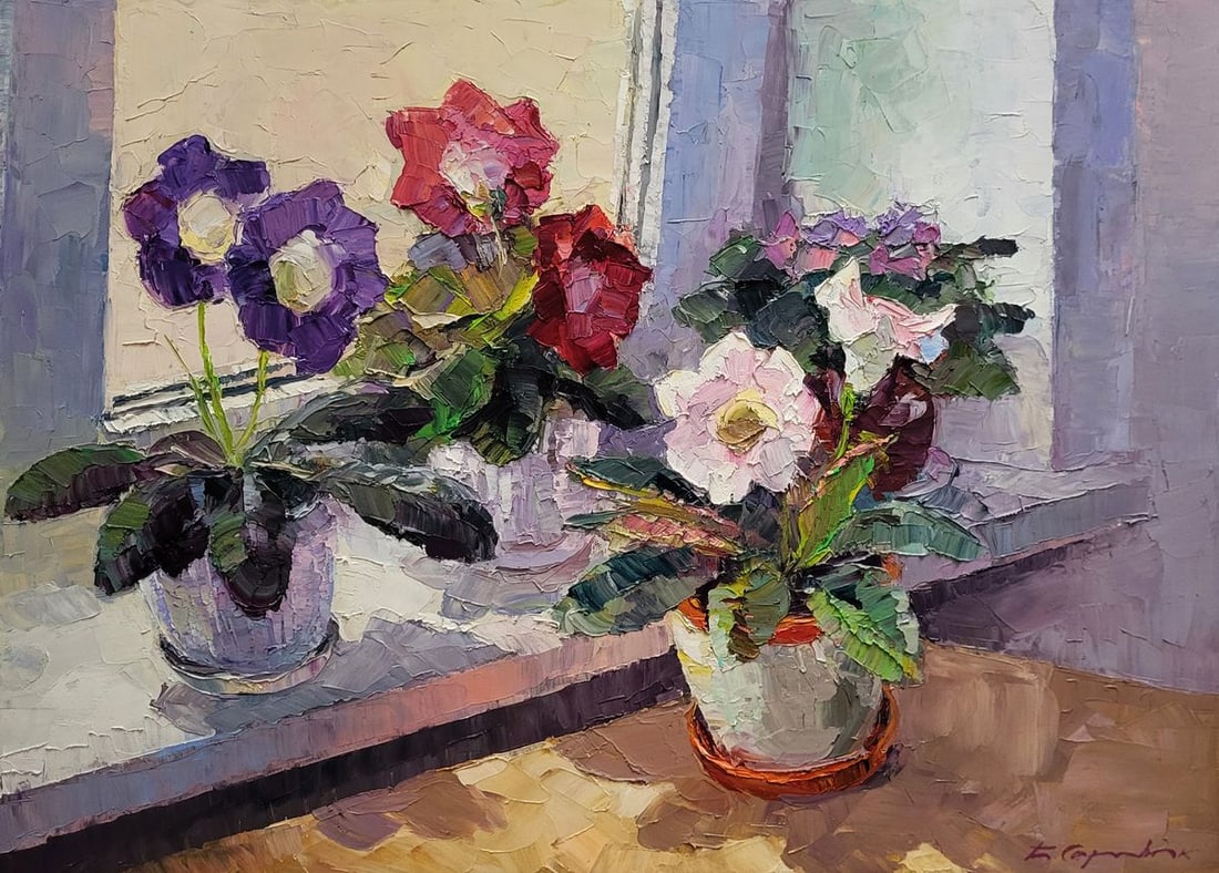 ?il painting Gloxinia in a vase Boris Serdyuk: Title: il painting Gloxinia in a vase Boris Serdyuk Description: SERB 1218The Oil painting on Canvas titled "Gloxinia in a vase" captures the quiet and graceful beauty of houseplants arranged on a win