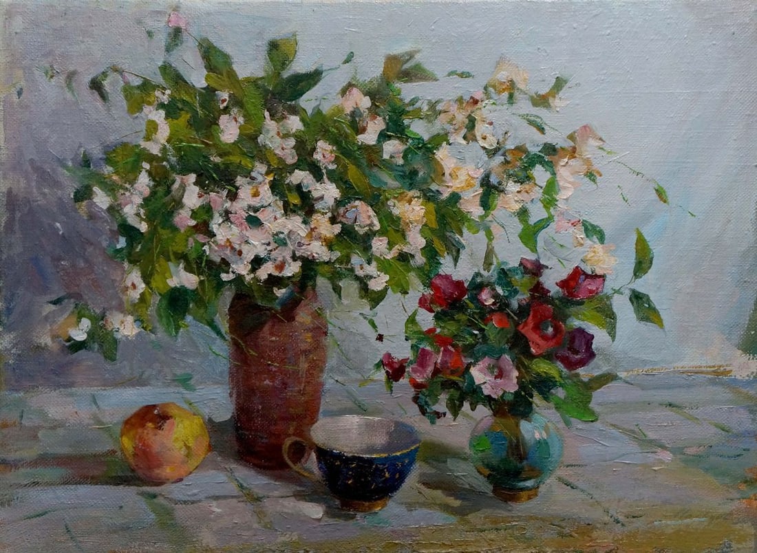 Oil painting Flowers Volobuev Evgeny Vsevolodovich: Title: Oil painting Flowers Volobuev Evgeny Vsevolodovich Description: Vern 1643 *** ABOUT THIS PAINTING *** * TITLE: "Flowers" * ARTISTS: Volobuev Evgeny Vsevolodovich * SIZE: 45x60 cm/'17.71x23.62 i