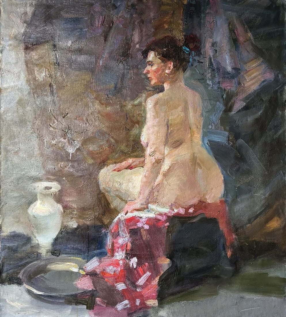 Oil painting Woman with a Jug Ivan Kovalenko: Title: Oil painting Woman with a Jug Ivan Kovalenko Description: No.Koval 262Oil painting Woman with a Jug Ivan Kovalenko reveals a refined figurative composition where a seated female figure is