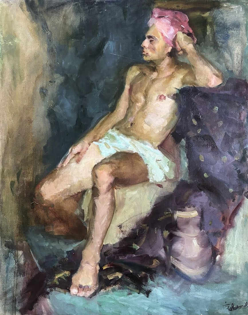 Oil painting A Man Relaxing at the Baths Ivan Kovalenko: Title: Oil painting A Man Relaxing at the Baths Ivan Kovalenko Description: No.Koval 267Oil painting A Man Relaxing at the Baths Ivan Kovalenko presents a ?????ive figurative composition that captures