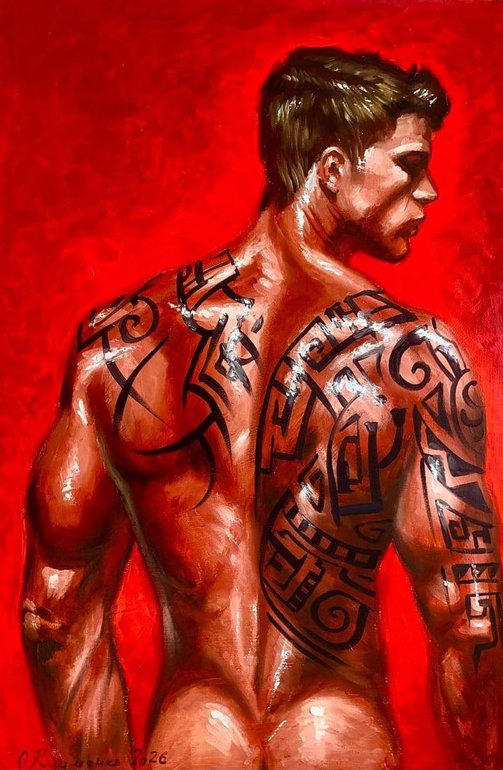 Oil painting Tattooing on an Athletic Body Olena Klimenko: Title: Oil painting Tattooing on an Athletic Body Olena Klimenko Description: No.Klim 47Oil painting Tattooing on an Athletic Body Olena Klimenko is a bold and emotionally charged contemporary figurat