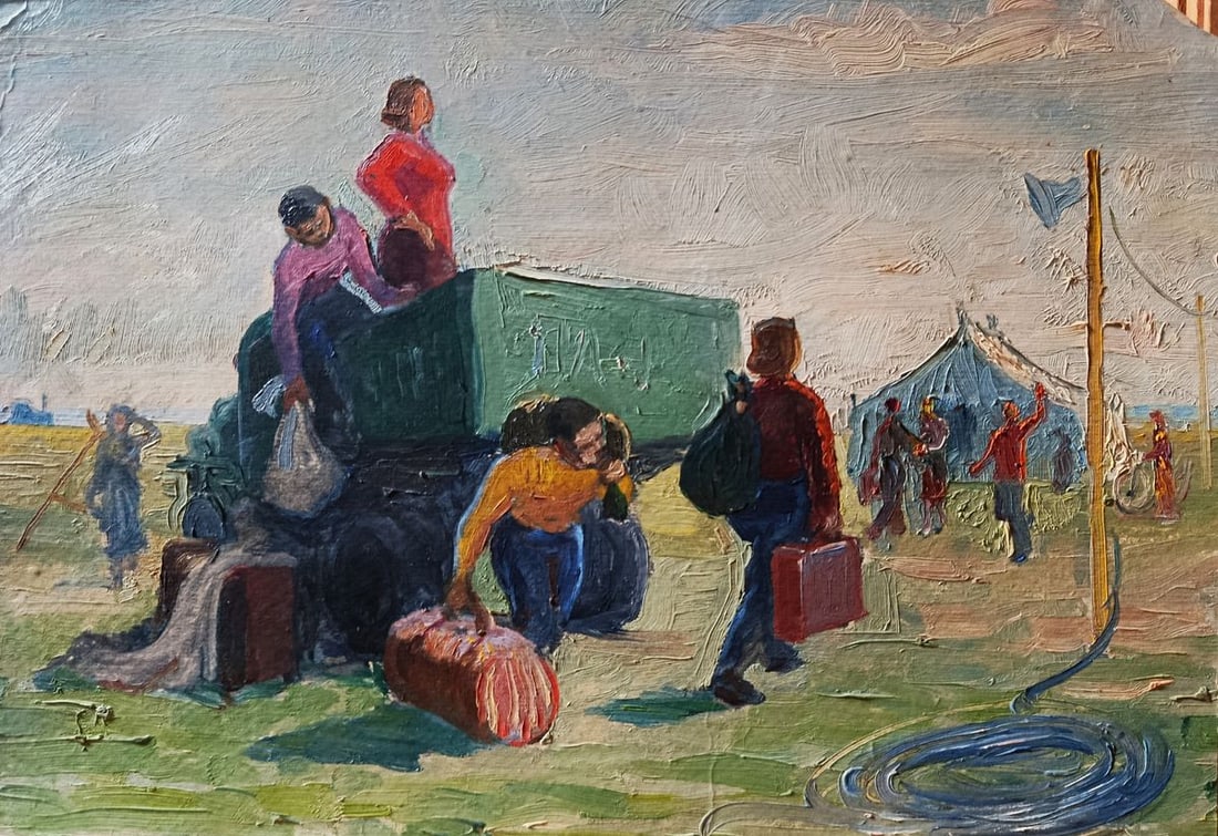 Oil painting We arrived at the summer camp Unknown artist: Title: Oil painting We arrived at the summer camp Unknown artist Description: No.Verne 451*** ABOUT THIS PAINTING **** TITLE: "We arrived at the summer camp"* ARTISTS: Unknown artist* SIZE: 32x46 cm/1