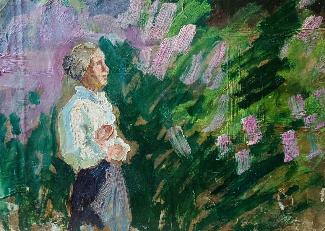 Oil painting The woman looks at the flowers Vasily Khomko: Title: Oil painting The woman looks at the flowers Vasily Khomko Description: No.Verne 458*** ABOUT THIS PAINTING **** TITLE: "The woman looks at the flowers"* ARTISTS: Vasily Khomko* SIZE: 26x36
