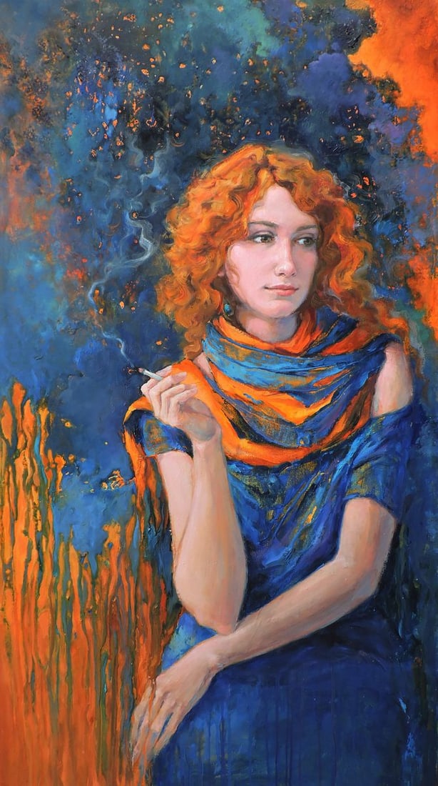 Oil painting Relaxing portrait of a girl Oksana Osnach: Title: Oil painting Relaxing portrait of a girl Oksana Osnach Description: Procach 127The Oil painting Canvas titled "Relaxing portrait of a girl" captures a moment of serene introspection, enveloped 