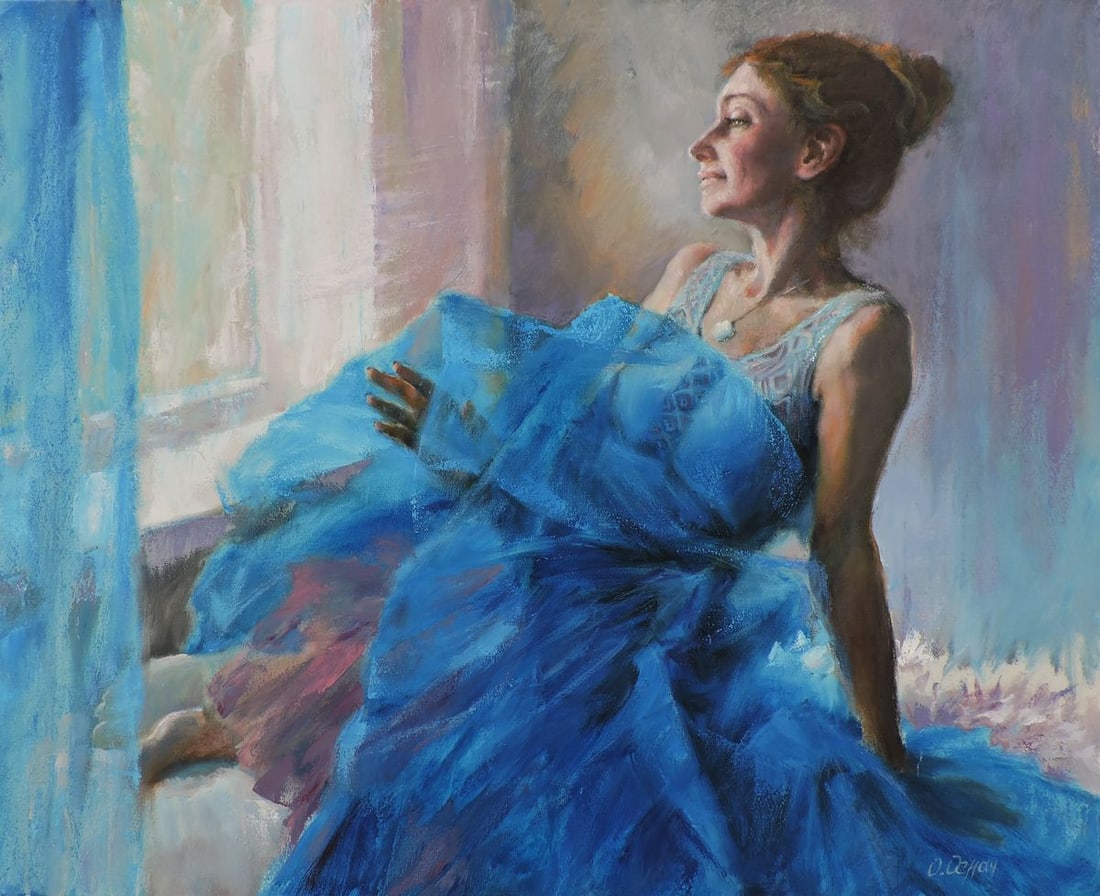 Oil painting Girl in a blue dress Oksana Osnach: Title: Oil painting Girl in a blue dress Oksana Osnach Description: Procach 130The Oil painting Canvas titled "Girl in a blue dress" presents a poetic and intimate moment of stillness, capturing a you