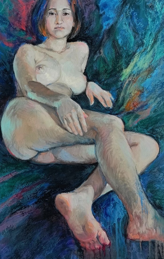 Oil painting The girl is like a mermaid Oksana Osnach: Title: Oil painting The girl is like a mermaid Oksana Osnach Description: Procach 141The Oil painting Hardboard titled "The girl is like a mermaid" captures a delicate and deeply evocative portrayal