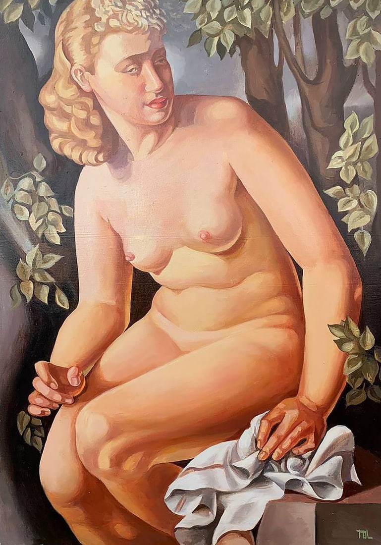Oil painting Suzanne (based on T. Lempicka) V. Konotopsky: Title: Oil painting Suzanne (based on T. Lempicka) V. Konotopsky Description: No.1639This painting, inspired by the works of Tamara de Lempicka, captures the timeless elegance and sensuality of the