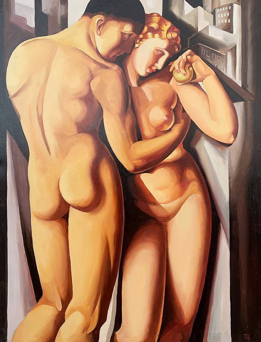 Oil painting Adam and Eve (based on T. Lempicka) V. Konotopsky: Title: Oil painting Adam and Eve (based on T. Lempicka) V. Konotopsky Description: No.1643This painting by Viktor Konotopsky, inspired by the iconic Art Deco style of Tamara de Lempicka, captures the