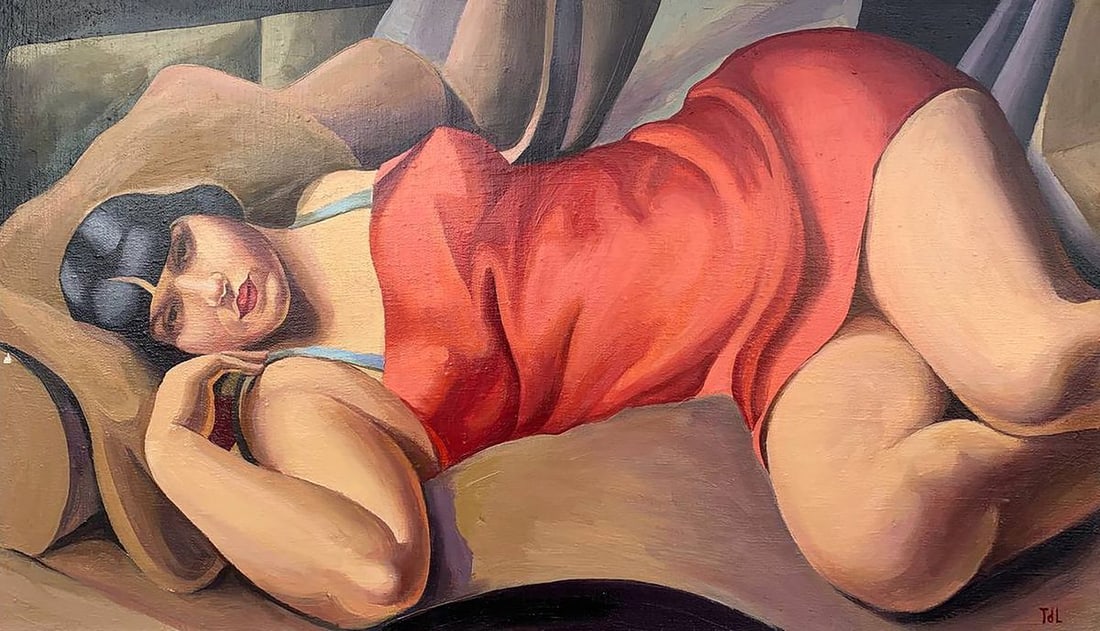 Oil painting Lady in Red (based on T. Lempicka) V. Konotopsky: Title: Oil painting Lady in Red (based on T. Lempicka) V. Konotopsky Description: No.1644This painting by Viktor Konotopsky, inspired by the Art Deco master Tamara de Lempicka, captures the essence of