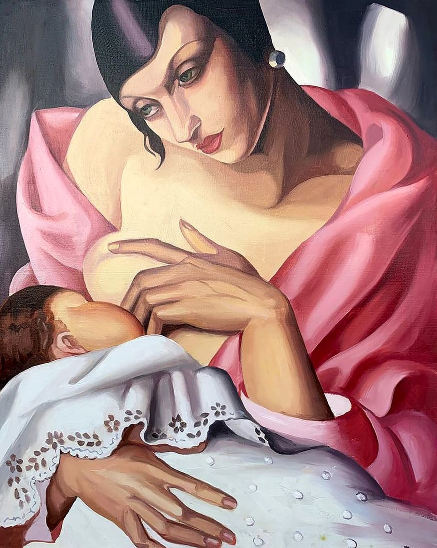 Oil painting Motherhood (based on T. Lempicka) V. Konotopsky: Title: Oil painting Motherhood (based on T. Lempicka) V. Konotopsky Description: No.1647This painting, inspired by the iconic Art Deco style of Tamara de Lempicka, captures the tender and profound bon