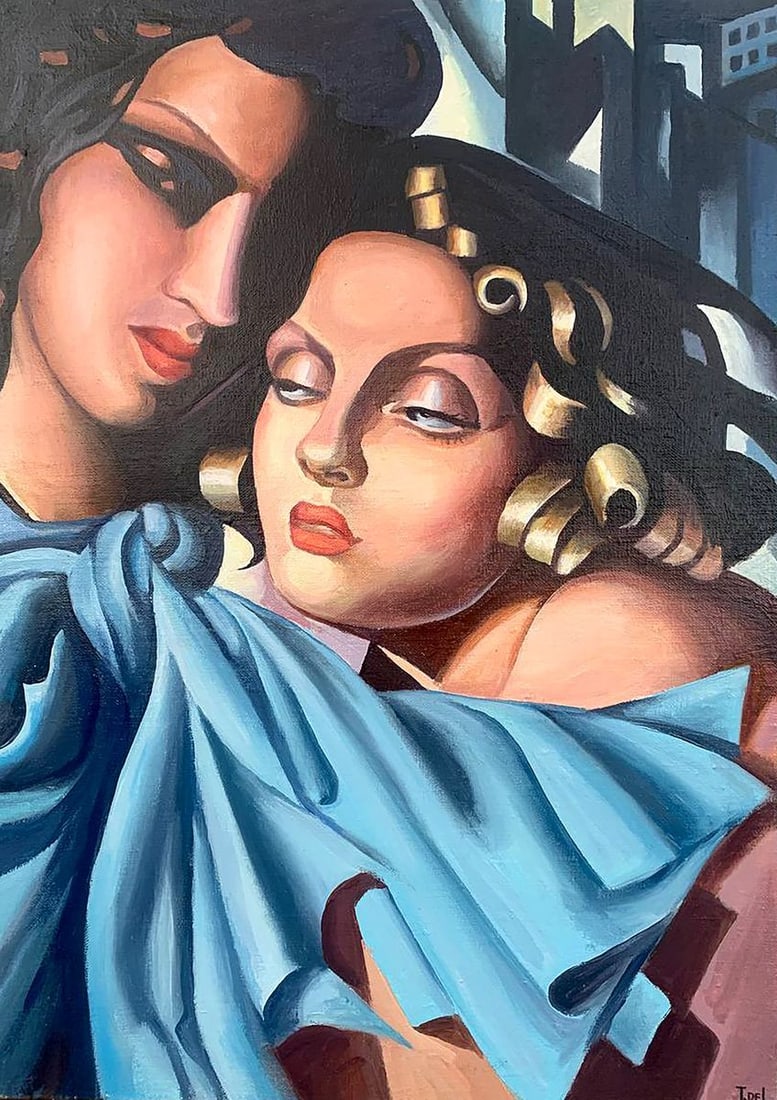 Oil painting Two girls (based on T. Lempicka) V. Konotopsky: Title: Oil painting Two girls (based on T. Lempicka) V. Konotopsky Description: No.1649This evocative painting captures the intimate and complex connection between two women, drawing on the iconic Art
