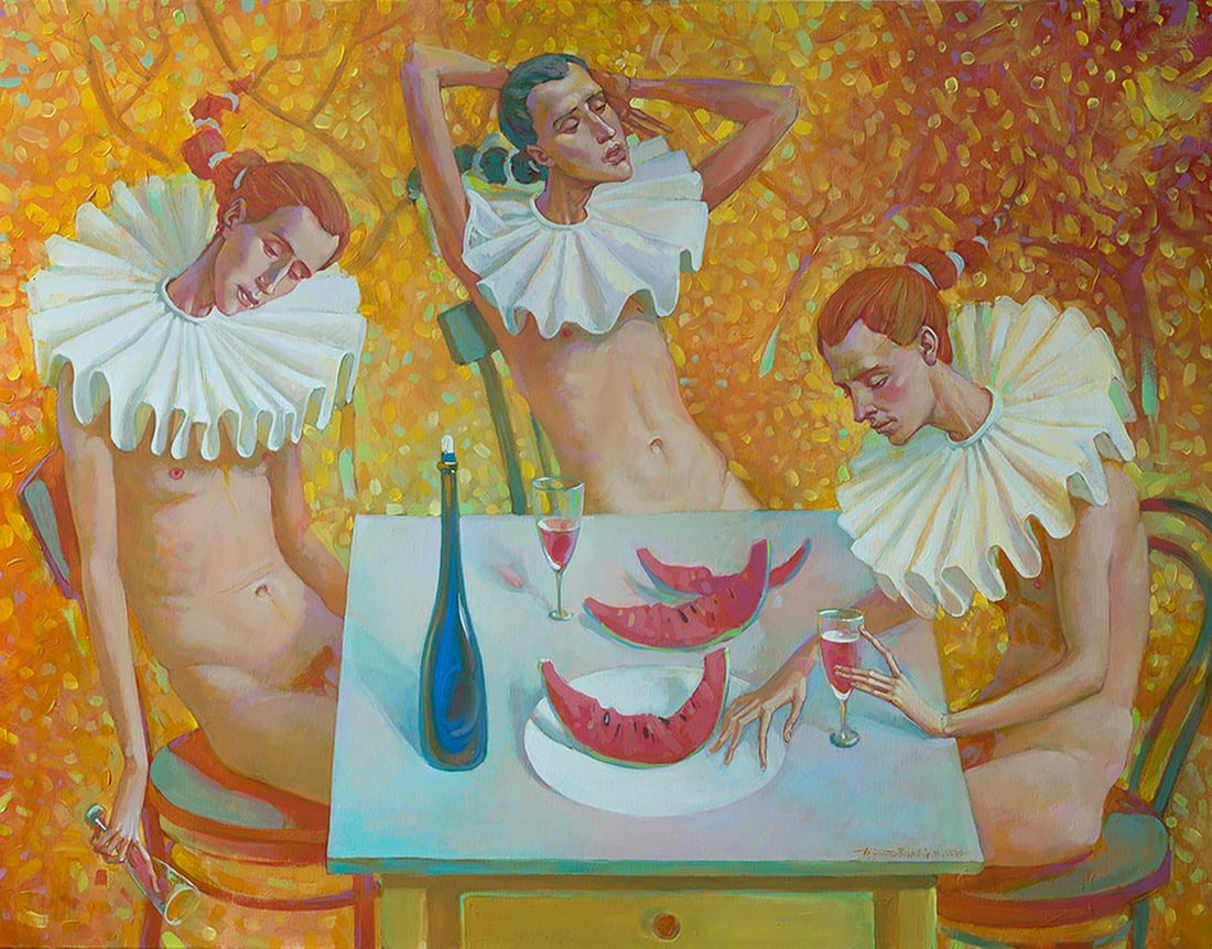Acrylic painting Guests Nicolay Vydcovsky: Title: Acrylic painting Guests Nicolay Vydcovsky Description: No.Bytk 6 *** ABOUT THIS PAINTING *** * TITLE: "Guests" * ARTISTS: Nicolay Vydcovsky * SIZE: 70x80 cm/27.55x31.49 inches' * MEDIUM: