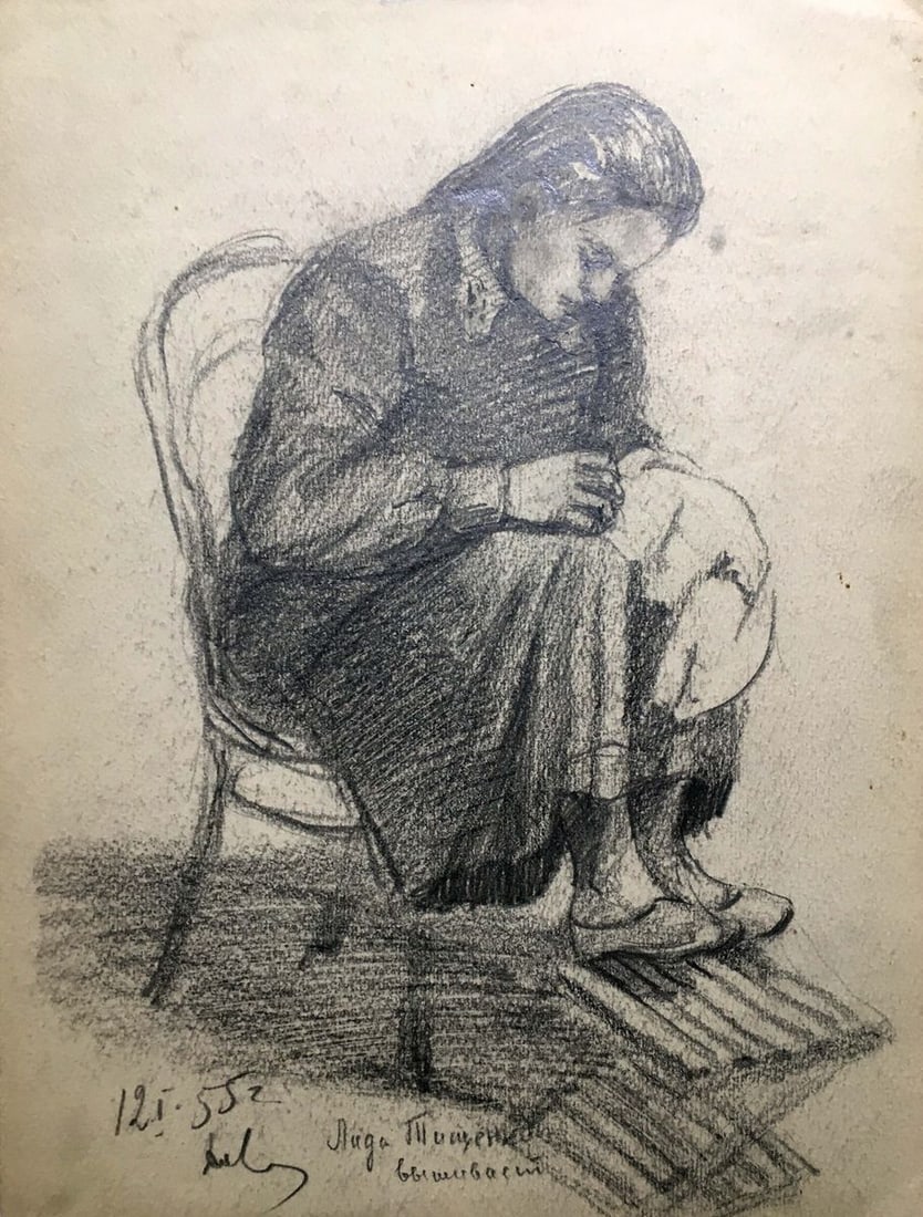Pencil painting Girl at the sewing Dmitry Lednev (1 of 8)