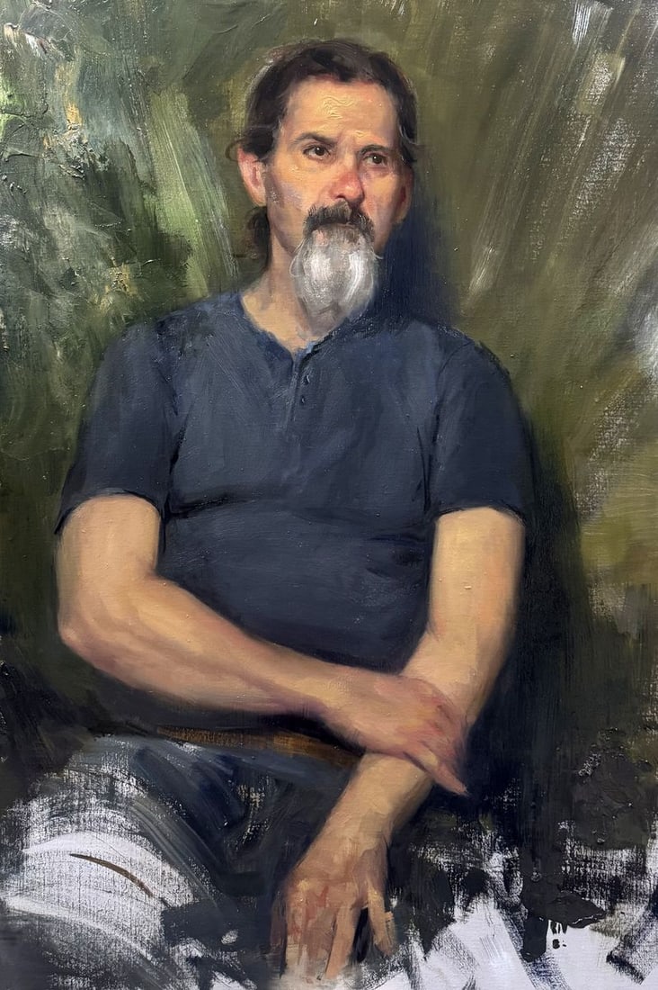 Oil painting Thoughts of Jose Annam Butt: Title: Oil painting Thoughts of Jose Annam Butt Description: No.Butt 8A large-scale portrait built through quiet observation. The sitter’s direct gaze is balanced by the fluid rhythm of paint, revea
