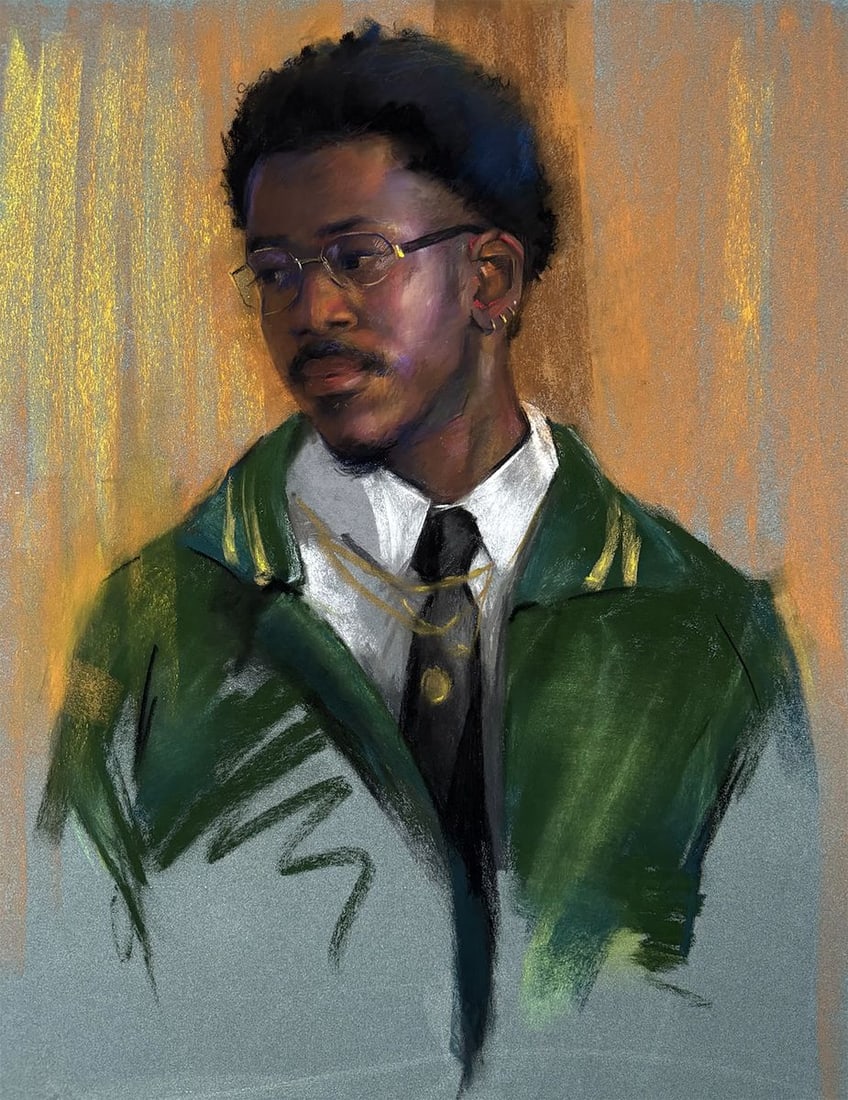 Pastel painting Karl in a Suit Annam Butt: Title: Pastel painting Karl in a Suit Annam Butt Description: No.Butt 12Pastel strokes build warmth and immediacy — Karl’s portrait feels both fleeting and deeply grounded. Colour hums quietly