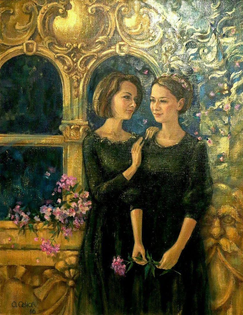 Oil painting Girls in the greenhouse Oksana Osnach (1 of 6)