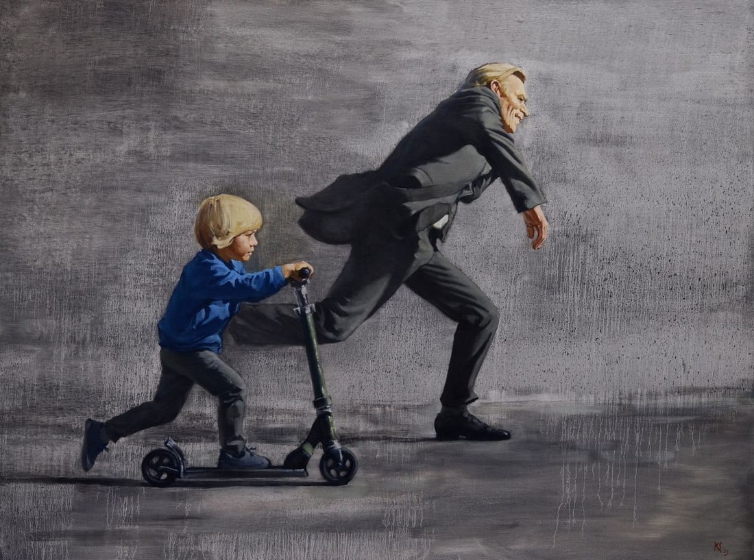 Oil painting Chasing the rain Oleg Kateryniuk: Title: Oil painting Chasing the rain Oleg Kateryniuk Description: No.Kat 57The oil painting on canvas titled "Chasing the Rain" captures a dynamic and thought-provoking scene that juxtaposes youth and