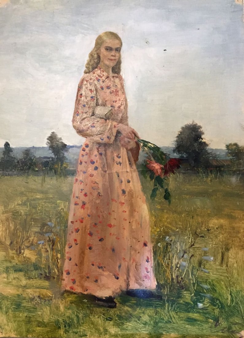 Oil painting Girl with flowers Leonid Mikhailovich Stil' (1 of 9)