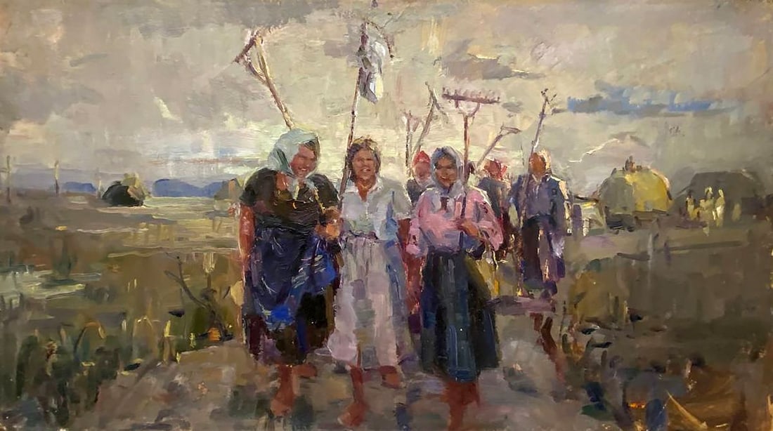 Oil painting Kolkhoz women Unknown artist: Title: Oil painting Kolkhoz women Unknown artist Description: No.GS 346*** ABOUT THIS PAINTING **** TITLE: "Kolkhoz women"* ARTISTS: Unknown artist* SIZE: 39.5x71.5 cm/15.55x28.14 inches'* MEDIUM: oil