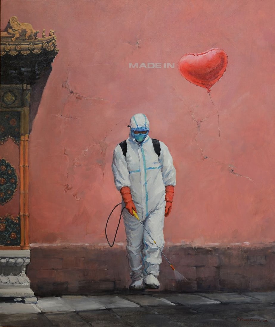 Oil painting made in Love Oleg Kateryniuk: Title: Oil painting made in Love Oleg Kateryniuk Description: No.Kat 3 Looking at this painting, you can't help but be moved by the story it tells. The figure in the protective suit is clearly shown g