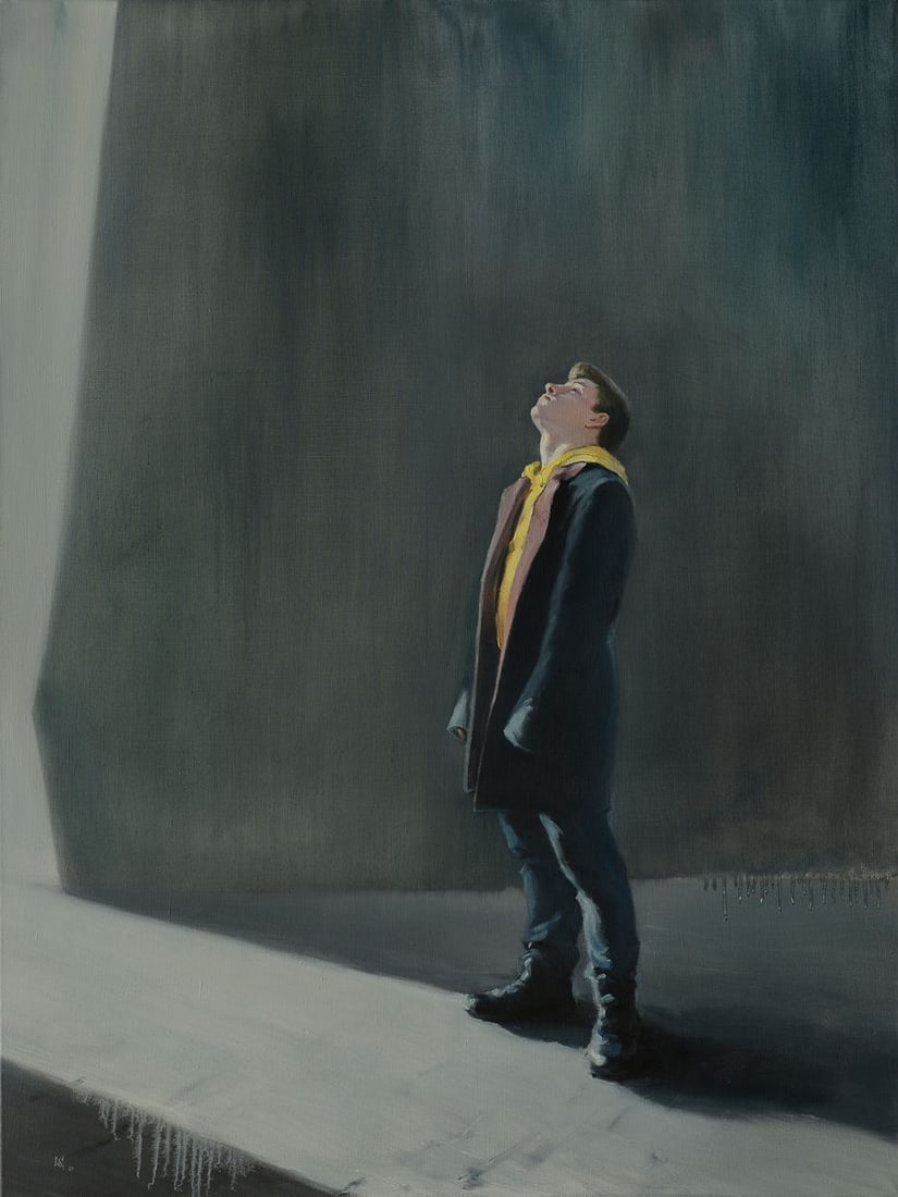 Oil painting look up Oleg Kateryniuk: Title: Oil painting look up Oleg Kateryniuk Description: No.Kat 7 Introducing "Look Up," an oil painting by contemporary artist. This striking work portrays a young man who appears to be lost in a