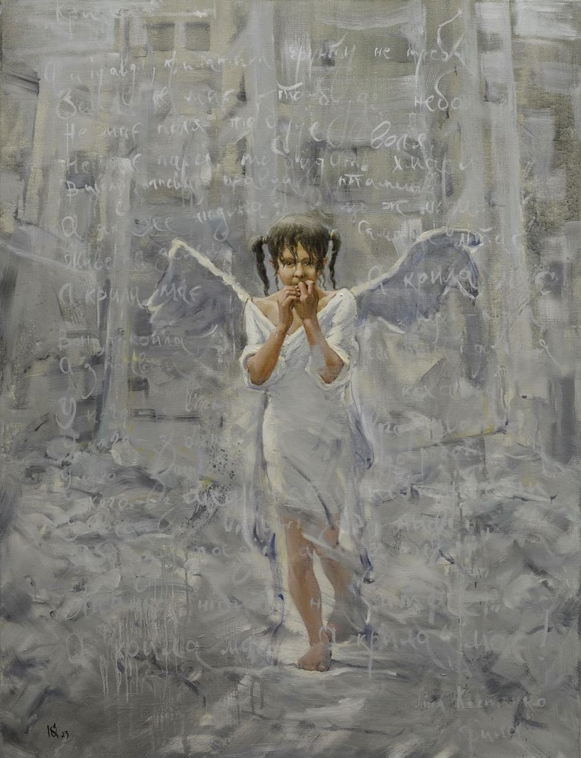 Oil painting Not lost wings Oleg Kateryniuk: Title: Oil painting Not lost wings Oleg Kateryniuk Description: No.Kat 32In the haunting oil painting "Not Lost Wings," the profound essence of a nation's tragedy is captured with heart-wrenching