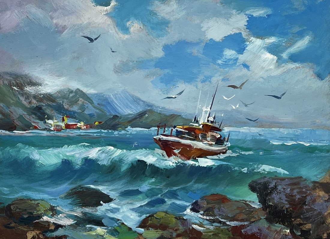 Oil painting Ship on the Waves in a Stormy Sea Yuriy Suprunchuk - 3