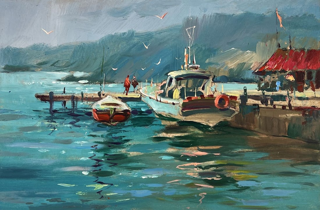 Oil painting Ships at the Dock on a Sunny Day Yuriy Suprunchuk - 3
