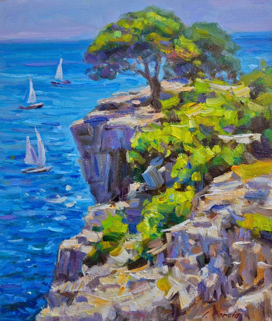 Oil painting Cliffs Above the Sea Vyacheslav Pereta: Title: Oil painting Cliffs Above the Sea Vyacheslav Pereta Description: No.Tep 178Oil painting Cliffs Above the Sea Vyacheslav Pereta is a radiant coastal landscape that captures the breathtaking beau