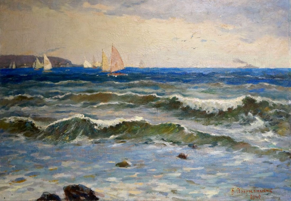 Oil painting Seascape Dobrzhansky Victor Mikhailovich: Title: Oil painting Seascape Dobrzhansky Victor Mikhailovich Description: No.Vern 1193 *** ABOUT THIS PAINTING *** * TITLE: "Seascape" * ARTISTS: Dobrzhansky Victor Mikhailovich * SIZE: 70x100 cm/27.5