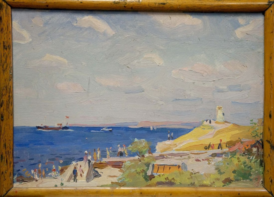 Oil painting On the bay: Title: Oil painting On the bay Description: No.Verns 318 *** ABOUT THIS PAINTING *** * TITLE: "On the bay" * ARTISTS: Unknown artist * SIZE: 25x35 cm/9.84x13.77 inches' * MEDIUM: oil, cardboard *