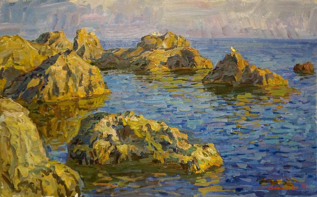Oil painting Rocks in the sea Olkhov Vladimir Nikolaevich: Title: Oil painting Rocks in the sea Olkhov Vladimir Nikolaevich Description: No.Verns 453 *** ABOUT THIS PAINTING *** * TITLE: "Rocks in the sea" * ARTISTS: Olkhov Vladimir Nikolaevich * SIZE: 50x80