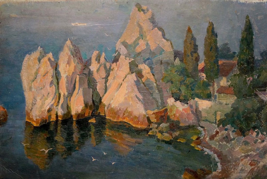 Oil painting Rocky shore Mamchich Stepan Gavriilovich: Title: Oil painting Rocky shore Mamchich Stepan Gavriilovich Description: No.Verns 590 *** ABOUT THIS PAINTING *** * TITLE: "Rocky shore" * ARTISTS: Mamchich Stepan Gavriilovich * SIZE: 46x69 cm/18.11