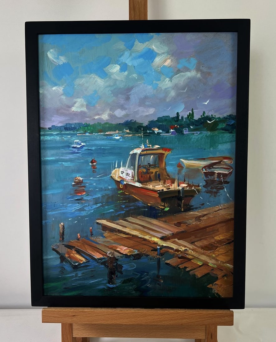 Oil painting Old wooden pier leading into the sea Yuriy Suprunchuk: Title: Oil painting Old wooden pier leading into the sea Yuriy Suprunchuk Description: No.AAA5484The Oil painting on Cardboard titled “Old wooden pier leading into the sea” captures the quiet 