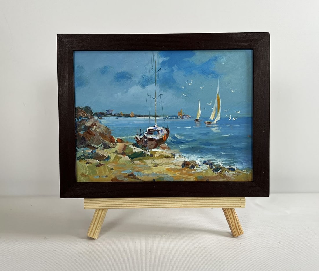 Oil painting Preparing for a sea voyage Yuriy Suprunchuk: Title: Oil painting Preparing for a sea voyage Yuriy Suprunchuk Description: No.AAA4320The painting "Preparing for a Sea Voyage" captures a serene yet dynamic coastal scene where the spirit of adventu