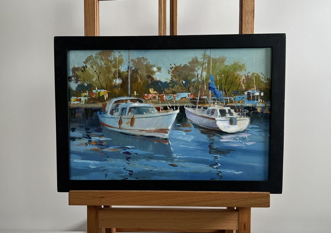 Oil painting Summer Yacht Club Yuriy Suprunchuk: Title: Oil painting Summer Yacht Club Yuriy Suprunchuk Description: No.AAA4363The painting "Summer Yacht Club" beautifully captures the serene and leisurely atmosphere of a marina bathed in warm sunli