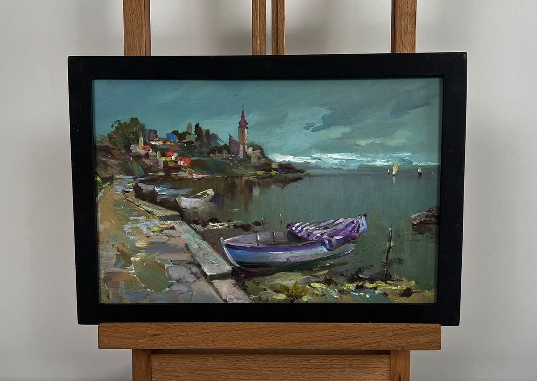 Oil painting City boat ferry Yuriy Suprunchuk: Title: Oil painting City boat ferry Yuriy Suprunchuk Description: No.AAA4369The painting "City Boat Ferry" is a tranquil yet evocative portrayal of a small riverside town, where boats rest along the s