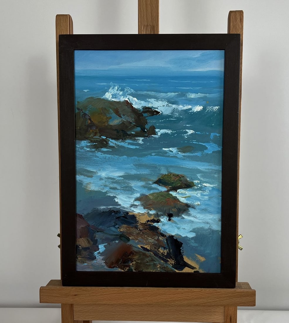 Oil painting Sunny day at sea Yuriy Suprunchuk: Title: Oil painting Sunny day at sea Yuriy Suprunchuk Description: No.AAA4370The painting "Sunny Day at Sea" captures the untamed beauty of the ocean as waves crash against the rugged shoreline,