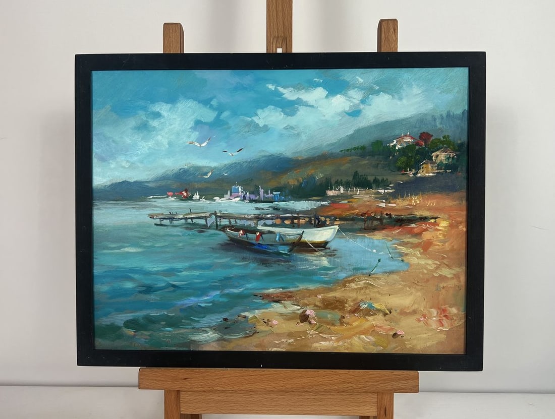Oil painting Hidden corner by the sea Yuriy Suprunchuk: Title: Oil painting Hidden corner by the sea Yuriy Suprunchuk Description: No.AAA4450The painting "Hidden Corner by the Sea" captures the essence of a tranquil coastal village, where time moves slowly