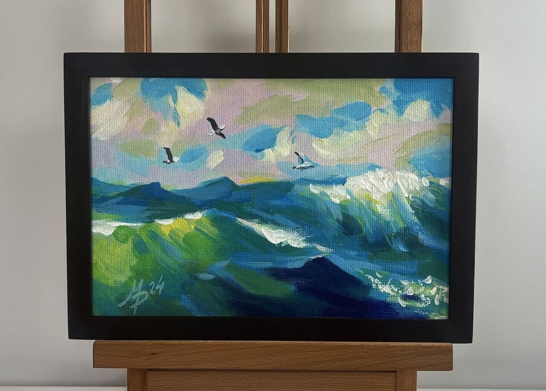 Acrylic painting Seagulls over the sea Mykhailo Patskan: Title: Acrylic painting Seagulls over the sea Mykhailo Patskan Description: No.AAA4796The acrylic painting on cardboard titled "Seagulls Over the Sea" captures a breathtaking moment where nature's ele
