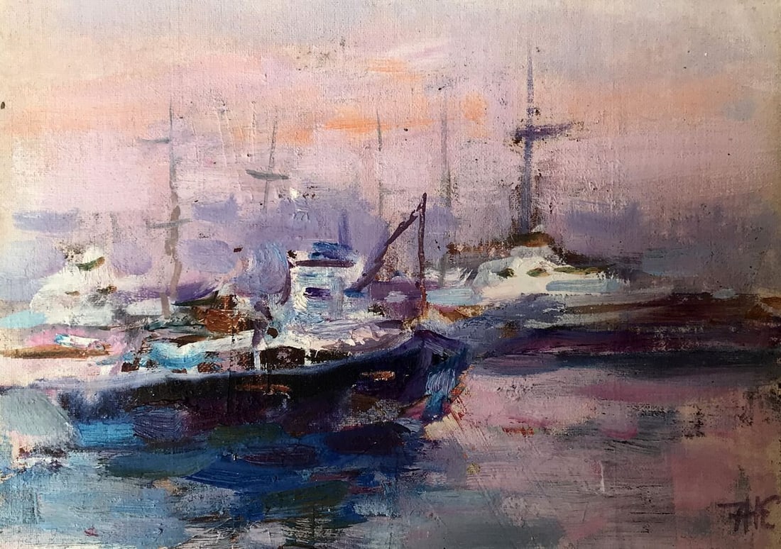 Oil painting Yacht club Kuzeminsky Nikolay Borisovich: Title: Oil painting Yacht club Kuzeminsky Nikolay Borisovich Description: No.AAA2049 Introducing "Yacht club", an oil painting that captures the beauty of the sea and sunset. This pier is one of the