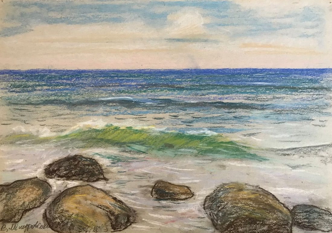 Pencils painting On the Black Sea Wihyrovskii Victor: Title: Pencils painting On the Black Sea Wihyrovskii Victor Description: No.AAA2158 "On the Black Sea" is an painting that captures the beauty and power of the sea. The waves crash against the stones