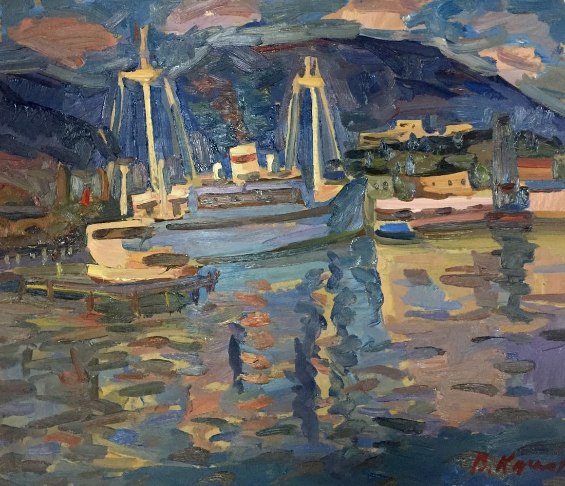Oil painting In the port Karelin Vyacheslav Dmitrievich: Title: Oil painting In the port Karelin Vyacheslav Dmitrievich Description: No.Vern 169 *** ABOUT THIS PAINTING *** * TITLE: "In the port" * ARTISTS: Karelin Vyacheslav Dmitrievich * SIZE: 50x58