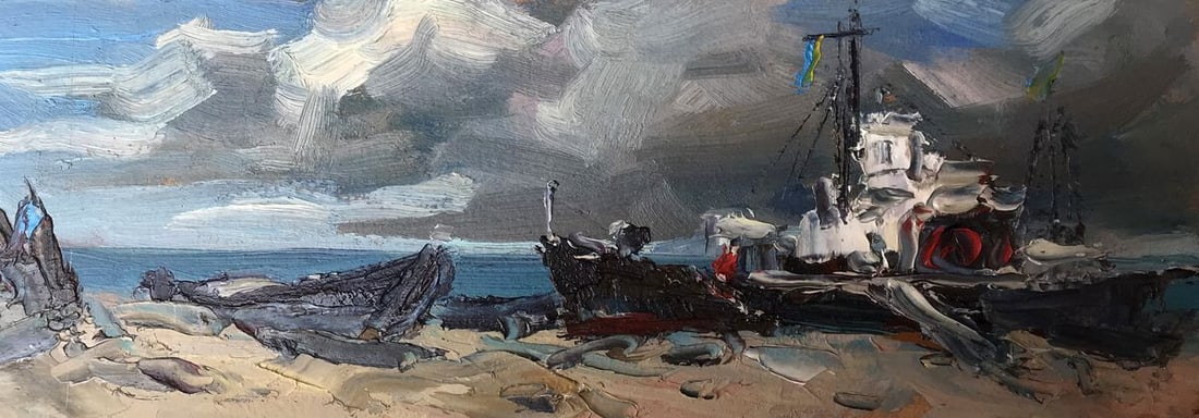 Oil painting Ship on the coast Alexander Nikolaevich Cherednichenko: Title: Oil painting Ship on the coast Alexander Nikolaevich Cherednichenko Description: No.AAA2704 The oil painting depicts a serene seascape, with the vast expanse of the ocean stretching out